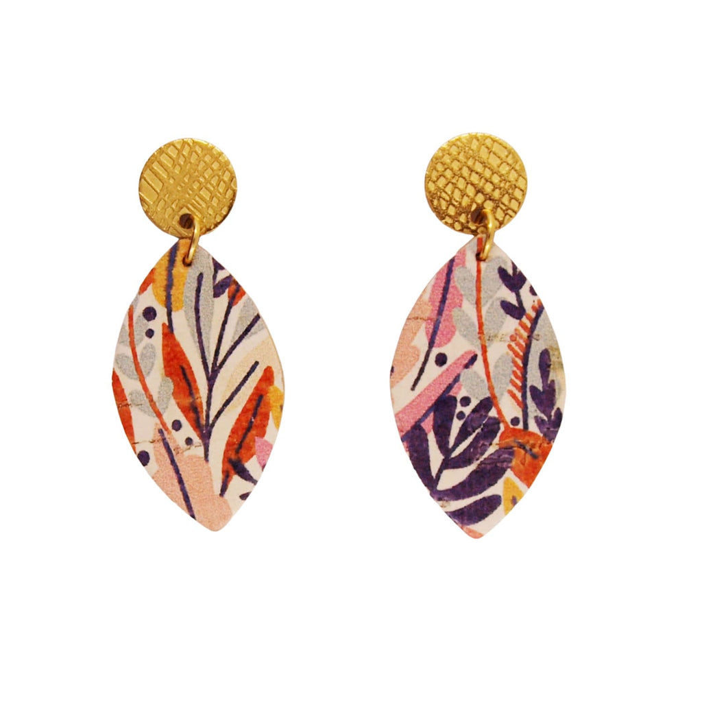 Boucles d'oreilles fleuries en liège, cuir et acier forme feuille LOAN