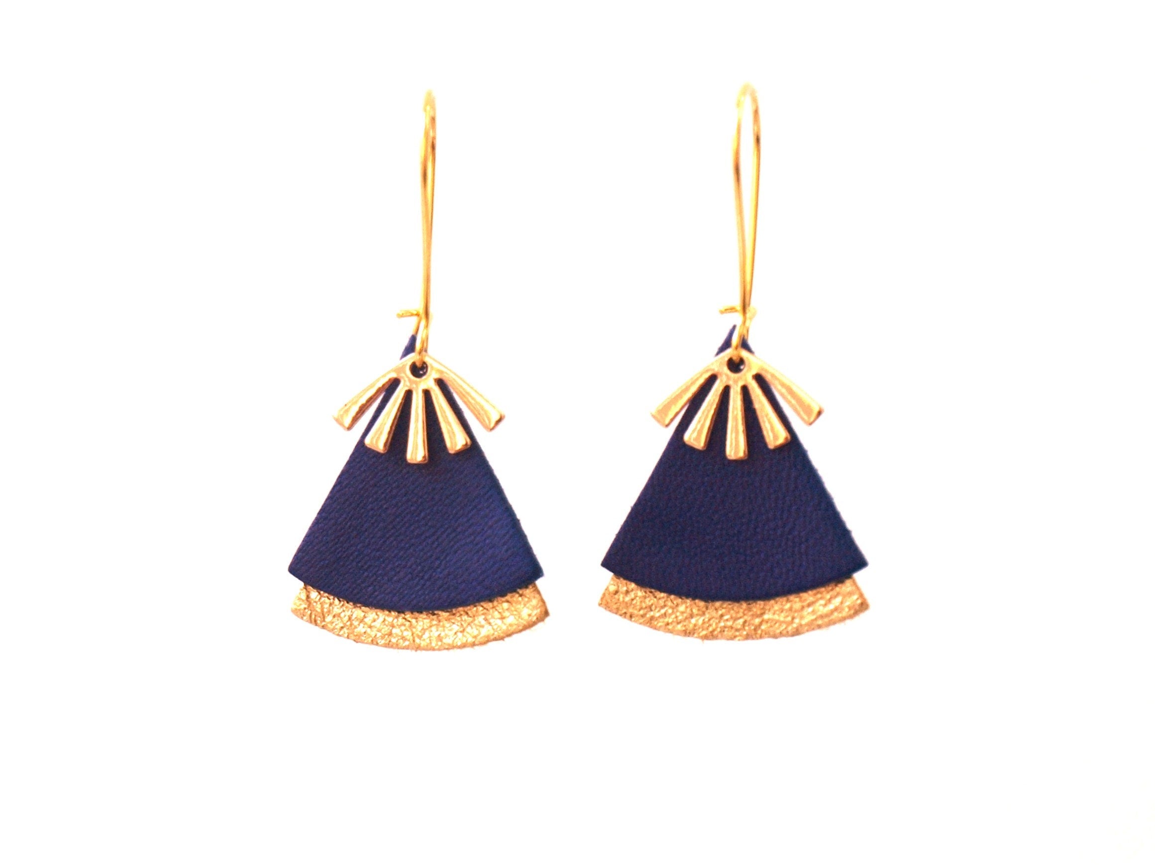 Boucles d'oreilles cuir bleu roi et or, forme éventail - boucles d'oreilles ethniques, art déco, modèle STELLA