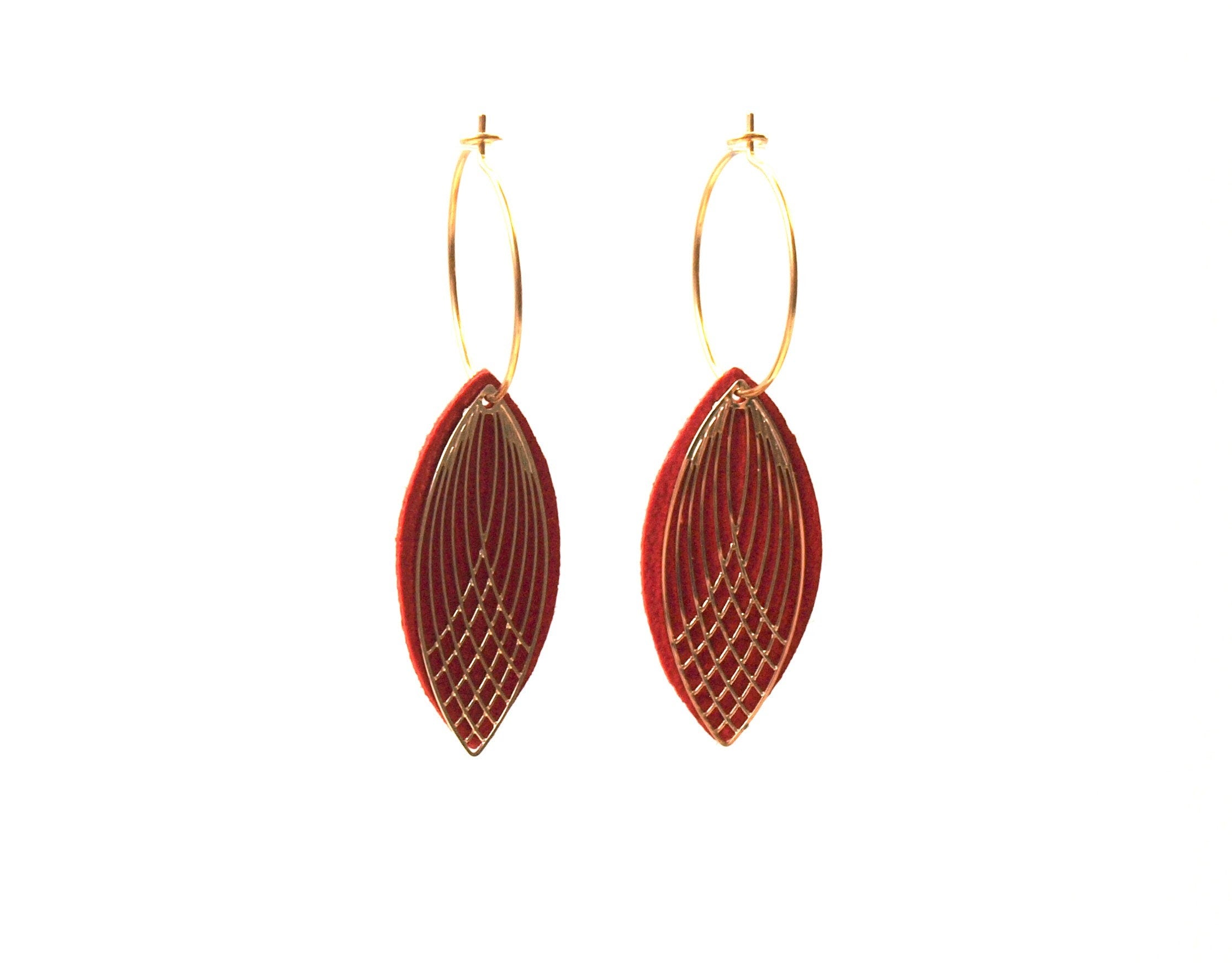 Boucles d'oreilles rouges - créoles acier inoxydable - cuir rouge et or - créoles style art déco - modèle SIENNA