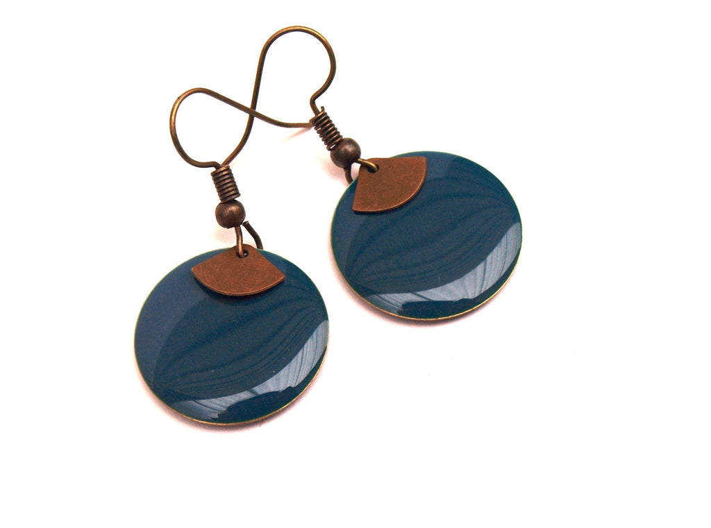 Boucles d'oreilles bleu canard et bronze sequin émaillé rond et pendentif éventail  - cadeau de noël pour femme