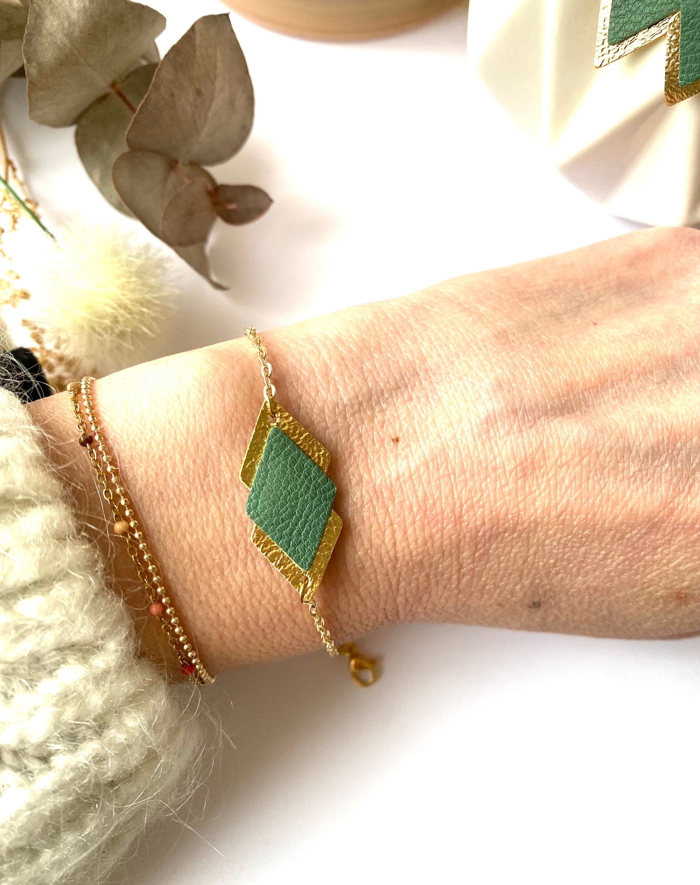 Bracelet femme vert de gris et doré en cuir