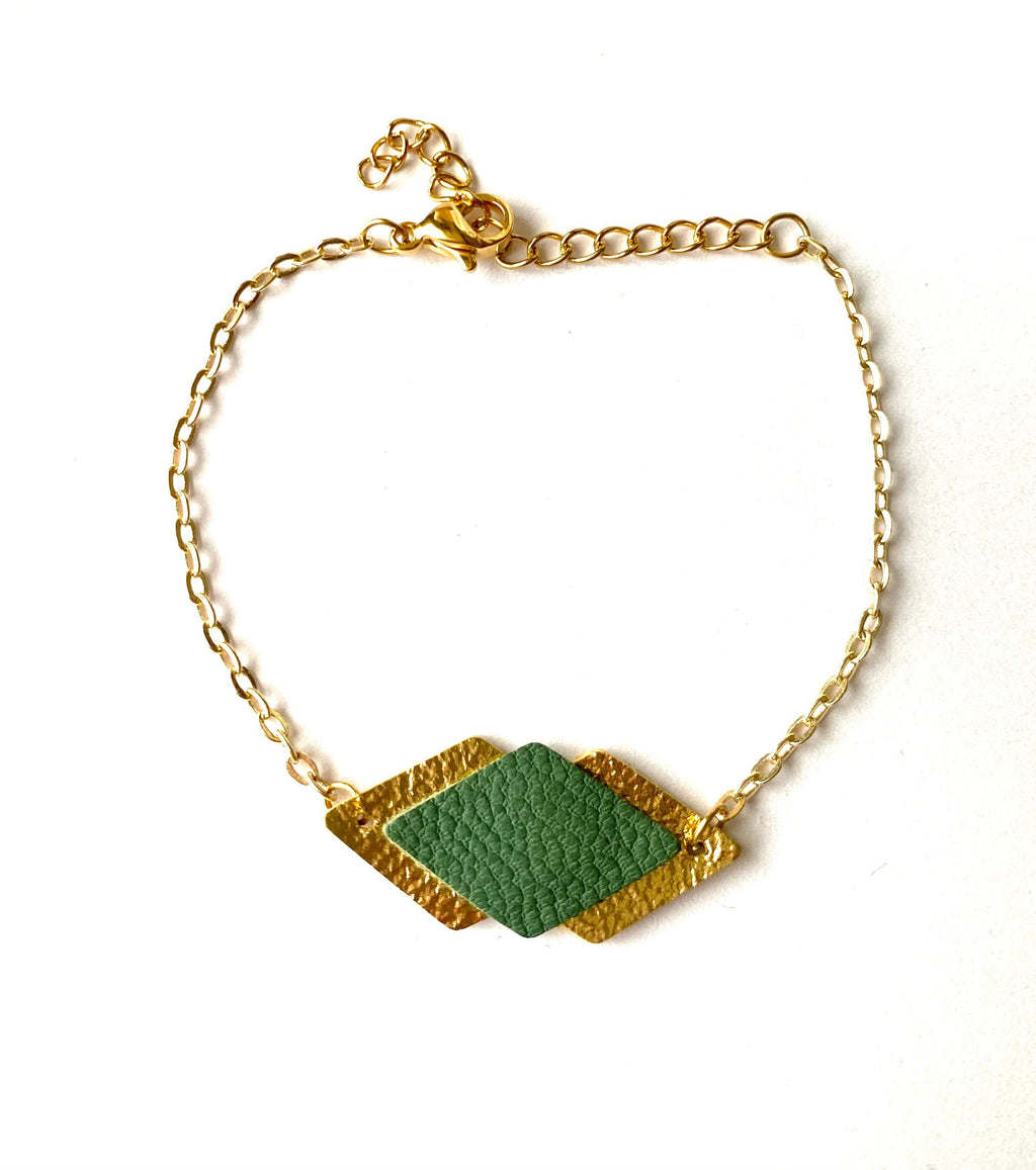 Bracelet femme vert de gris et doré en cuir