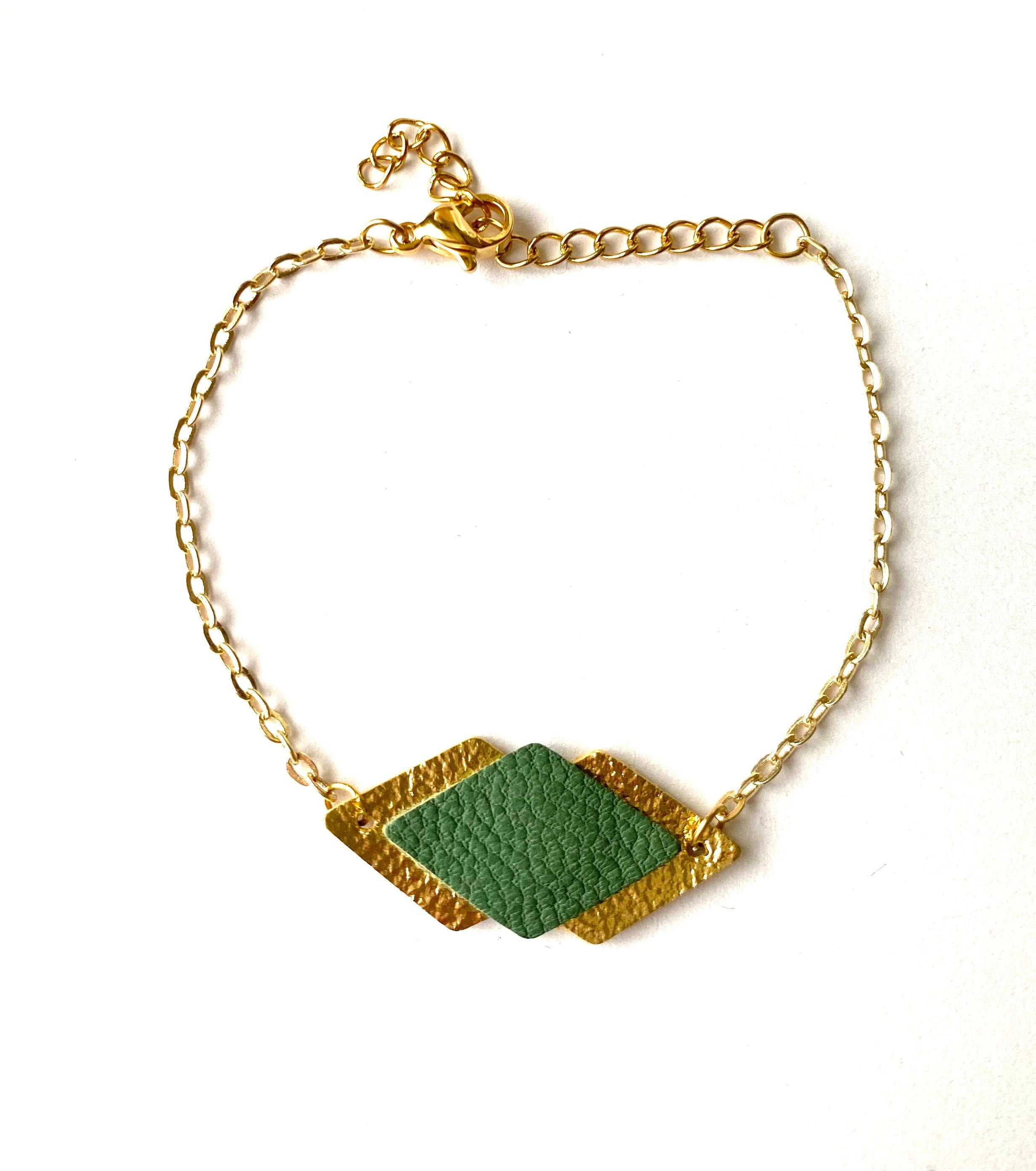 Bracelet femme vert de gris et doré en cuir