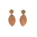 Boucles d'oreilles liège naturel et or rose, cuir et acier forme feuille LOAN