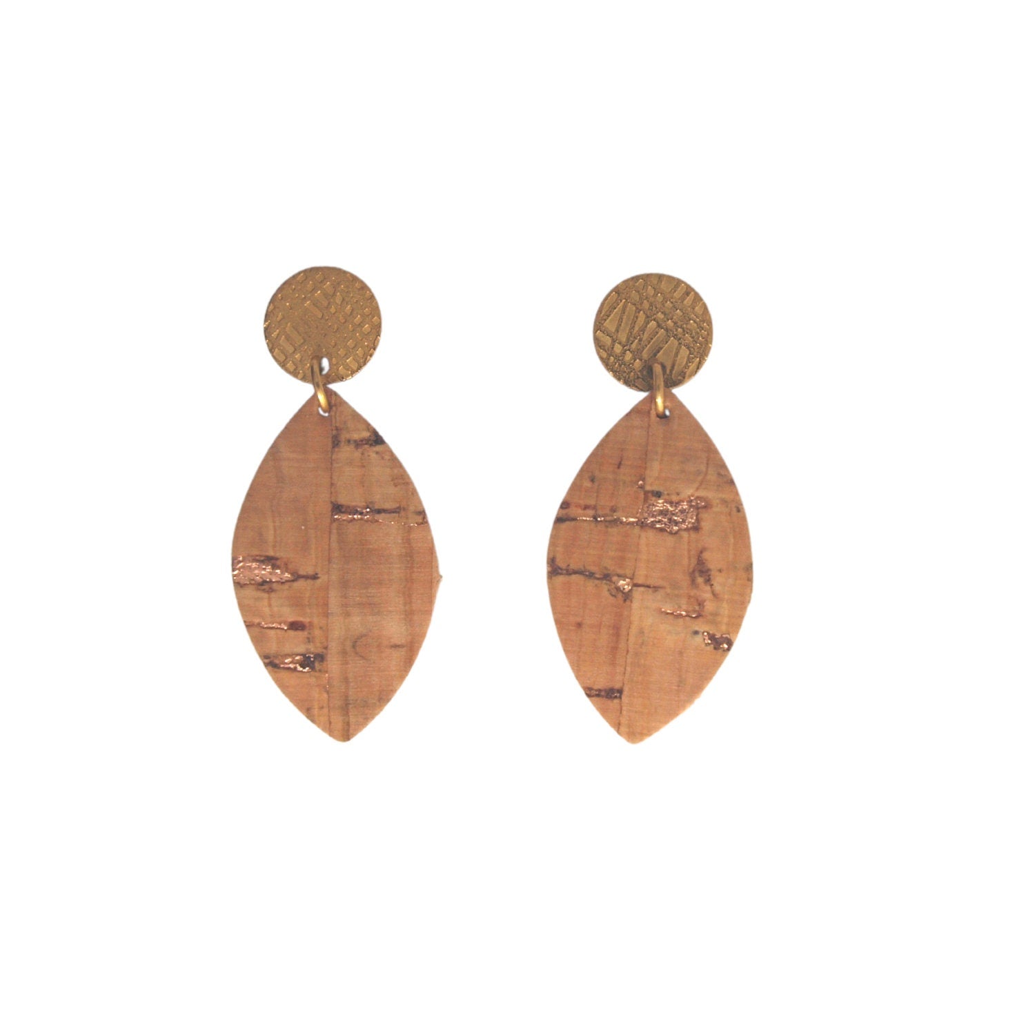 Boucles d'oreilles liège naturel et or rose, cuir et acier forme feuille LOAN