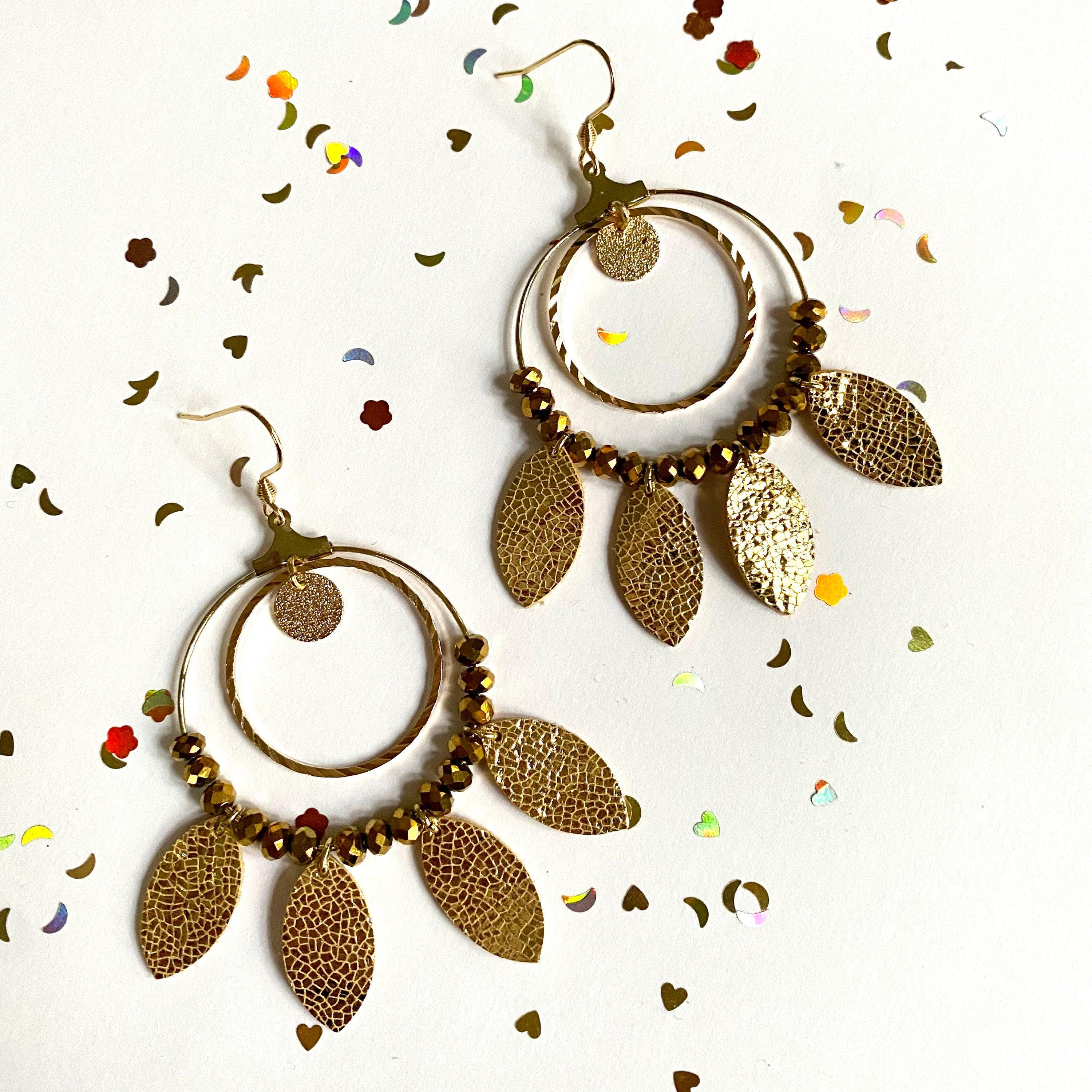 Boucles d’oreilles bohèmes style créoles en cuir doré et acier inoxydable