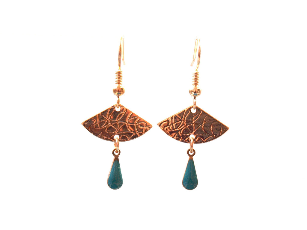 Boucles d'oreilles éventail vert turquoise et or - petites boucles d'oreilles discrètes dorées - modèle EVA