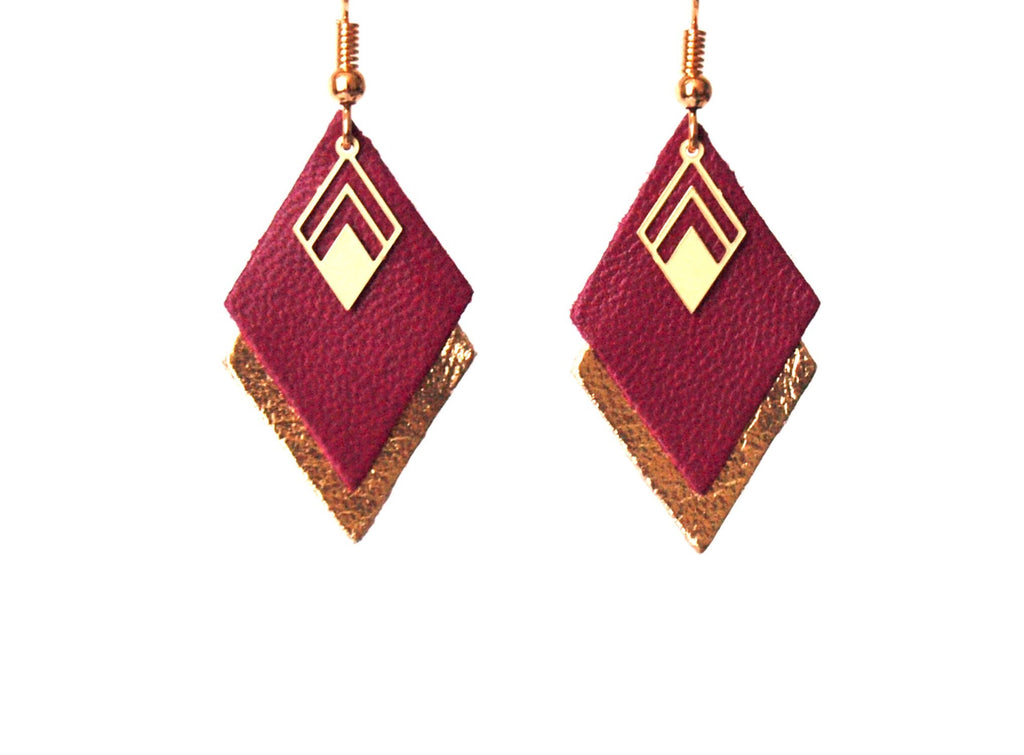 Boucles d'oreilles cuir bordeaux, prune et doré, boucles d'oreilles graphiques losanges - modèle LYA - cadeau de noël pour femme pour elle