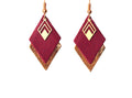 Boucles d'oreilles cuir bordeaux, prune et doré, boucles d'oreilles graphiques losanges - modèle LYA - cadeau de noël pour femme pour elle