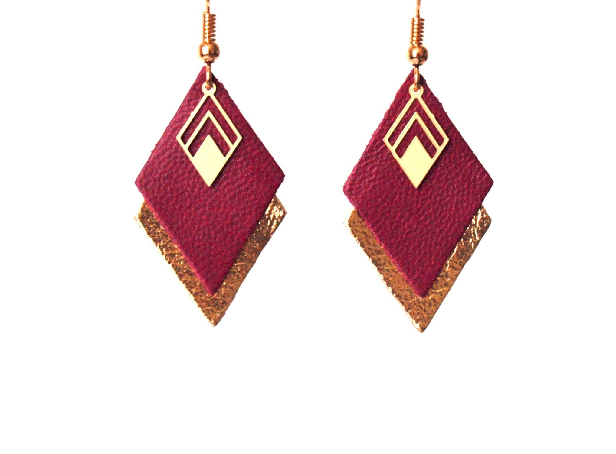 Boucles d'oreilles cuir bordeaux, prune et doré, boucles d'oreilles graphiques losanges - modèle LYA - cadeau de noël pour femme pour elle