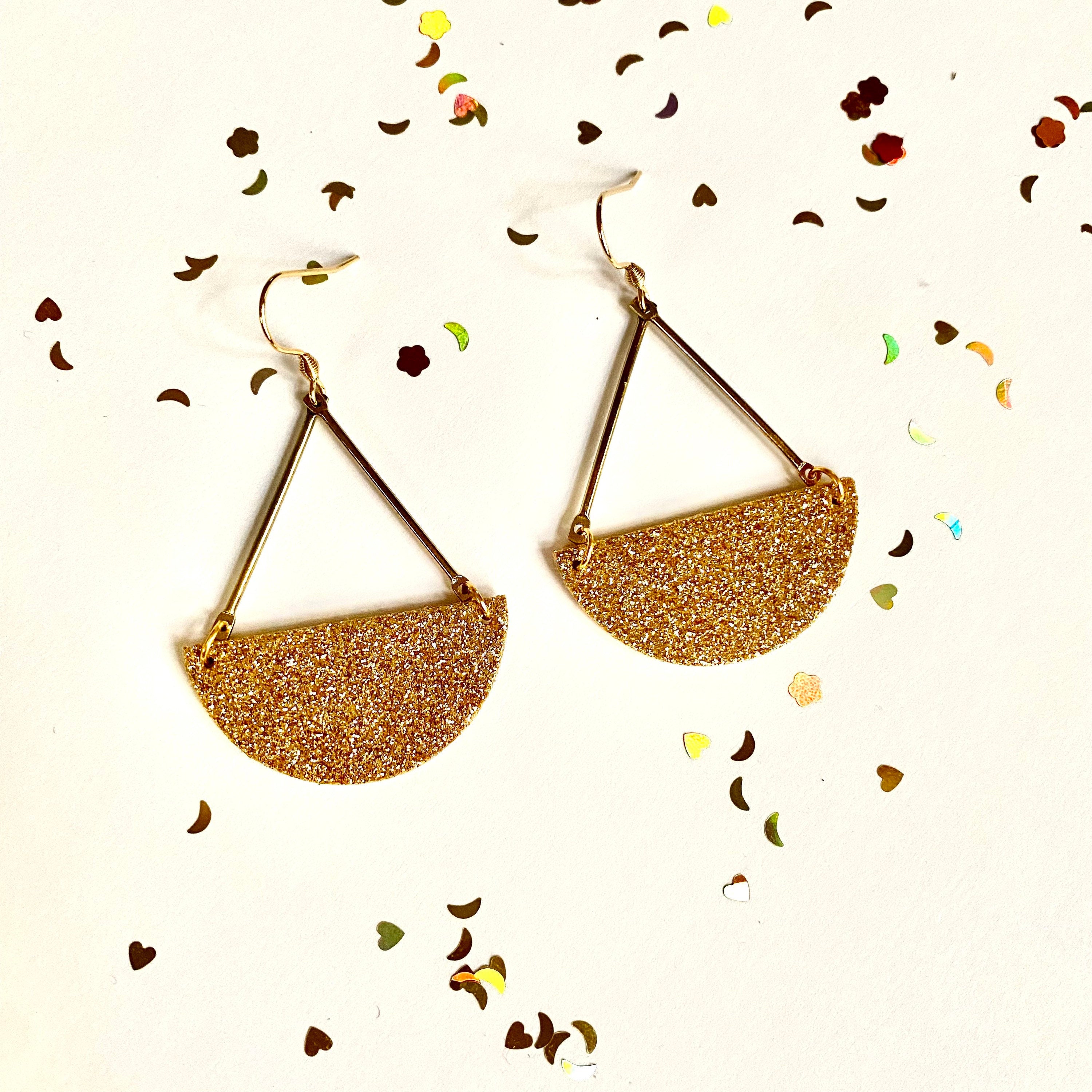 Boucles d’oreilles cuir doré graphiques à paillettes en liège cuir et acier inoxydable