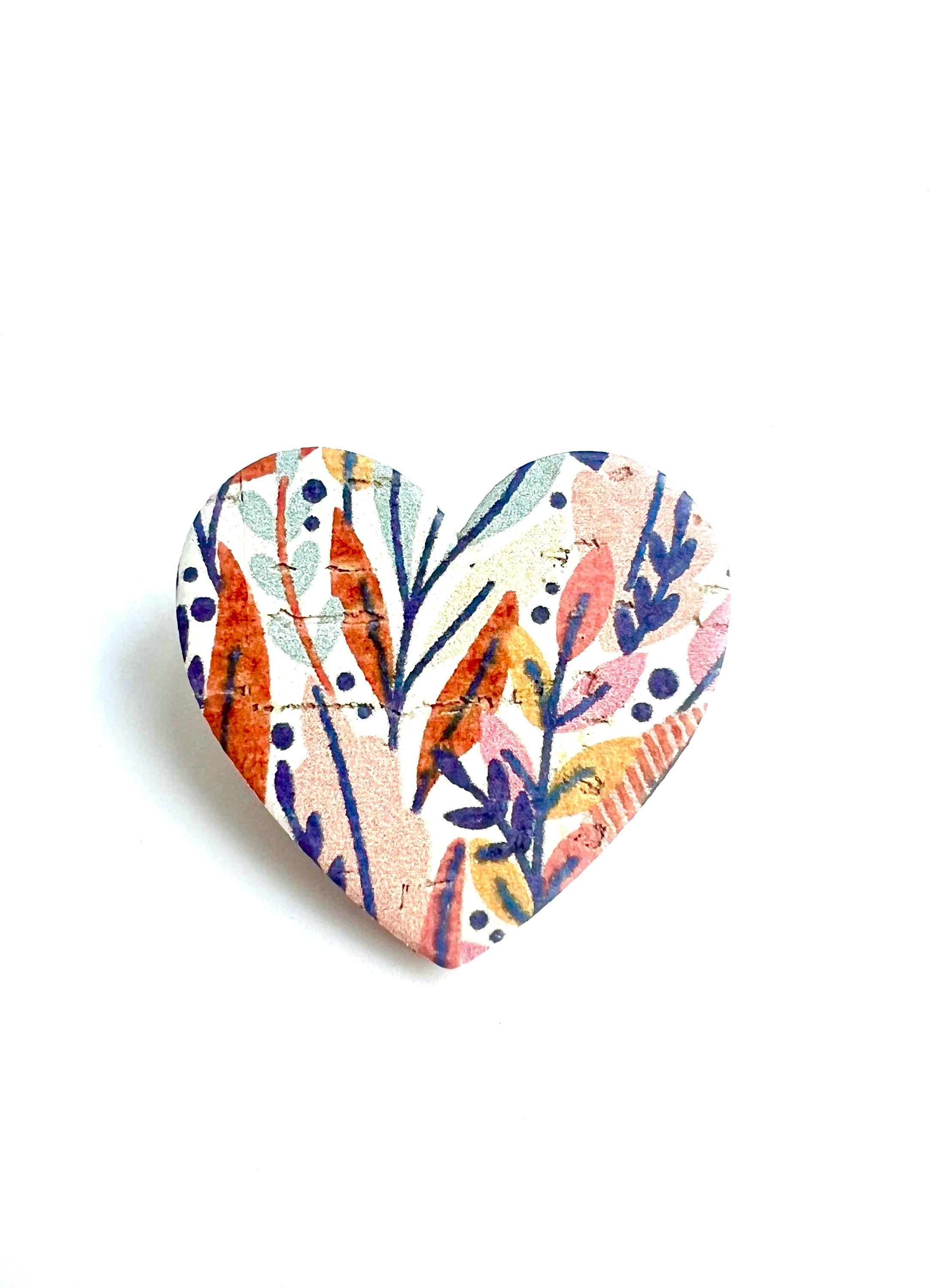 Broche cœur motif fleurs sauvages en liège - cadeau fête des mères  cadeau maîtresse - cadeau pour elle - cadeau femme  broche originale