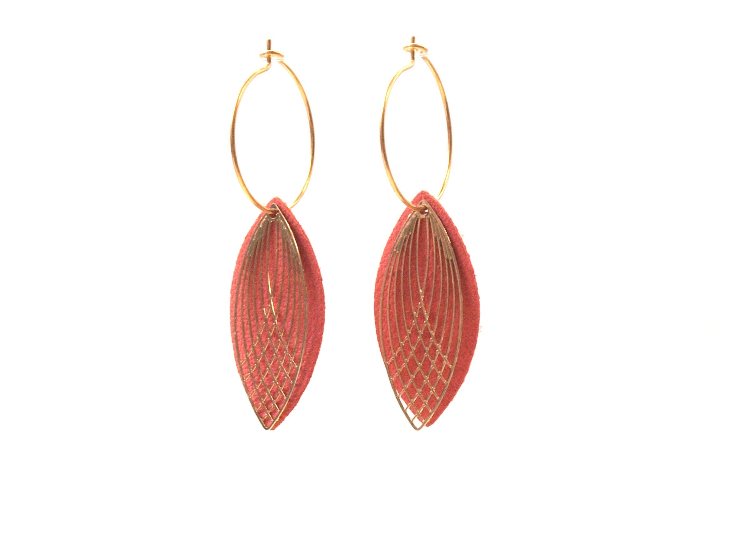 Boucles d'oreilles créoles acier inoxydable - cuir corail et or - créoles style art déco - modèle SIENNA