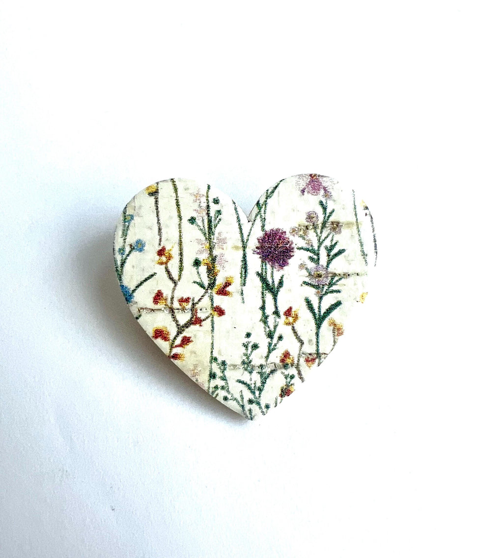 Broche cœur motif fleurs sauvages en liège - cadeau fête des mères  cadeau maîtresse - cadeau pour elle - cadeau femme  broche originale