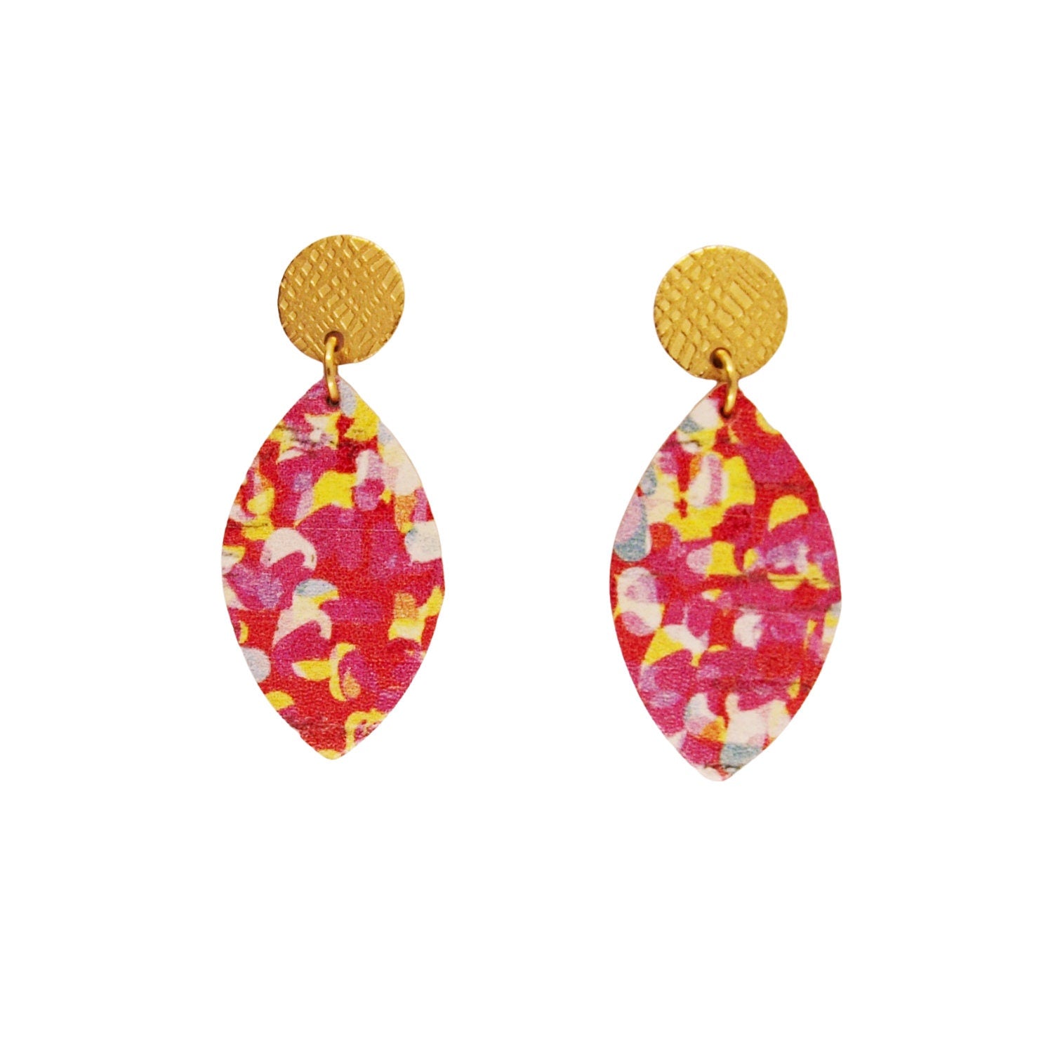 Boucles d'oreilles liège, cuir et acier multicolores forme feuille LOAN