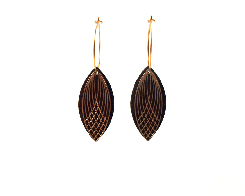 Boucles d'oreilles créoles acier inoxydable et cuir - noir et or - créoles style art déco - modèle SIENNA