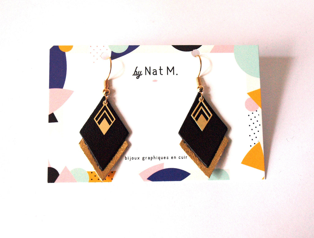 Boucles d'oreilles cuir noir et or, boucles d'oreilles graphiques losanges - modèle LYA - cadeau de noël pour femme pour elle