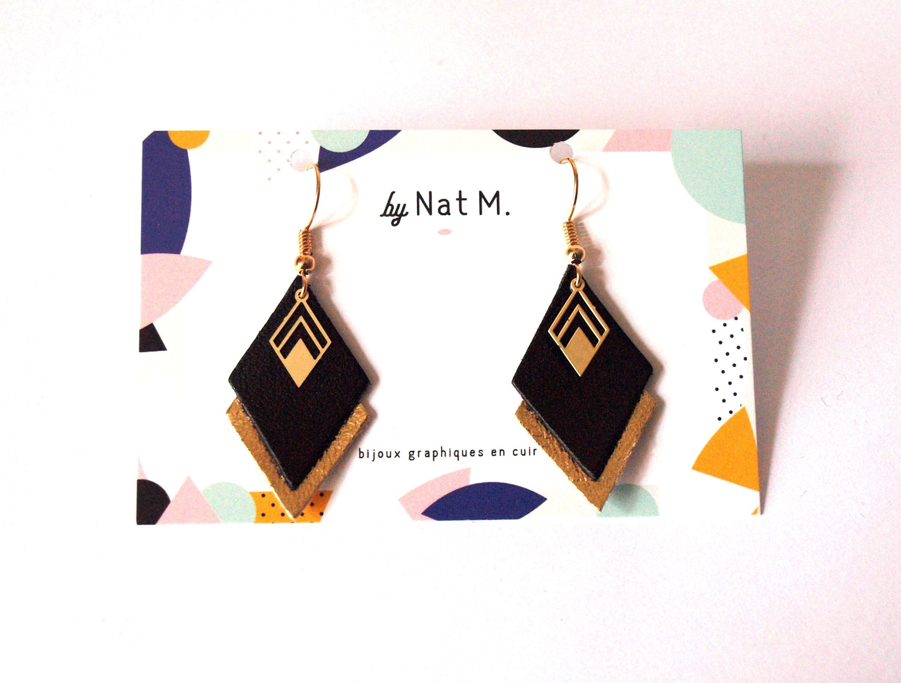 Boucles d'oreilles cuir noir et or, boucles d'oreilles graphiques losanges - modèle LYA - cadeau de noël pour femme pour elle