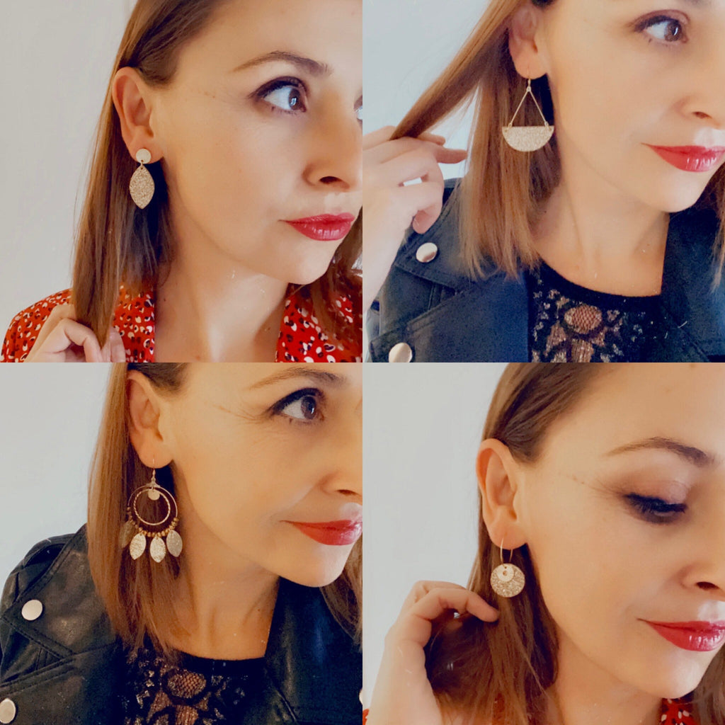 Boucles d’oreilles cuir doré graphiques à paillettes en liège cuir et acier inoxydable