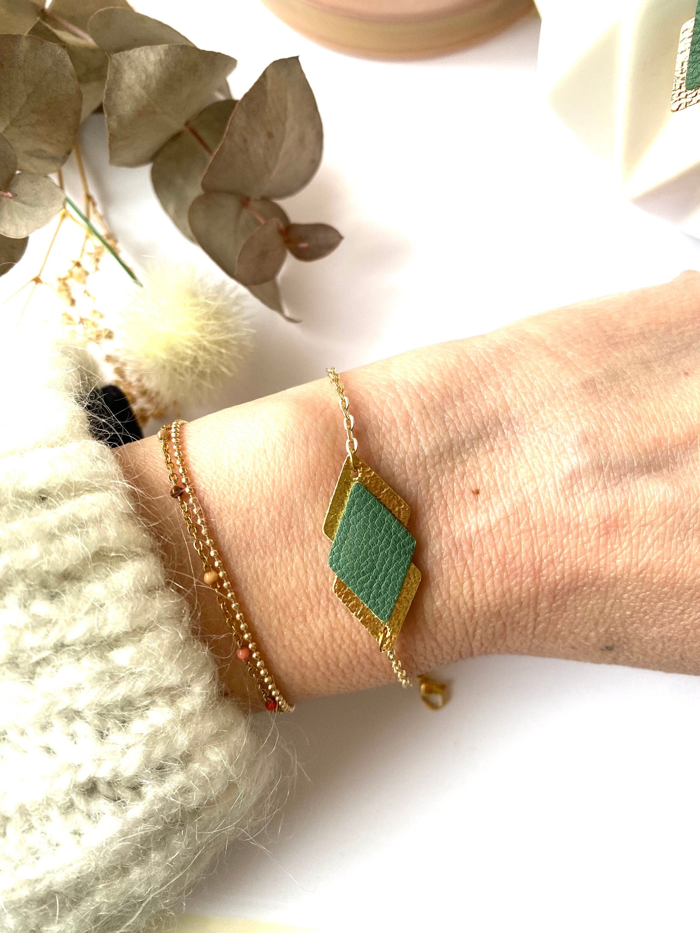 Bracelet femme vert de gris et doré en cuir