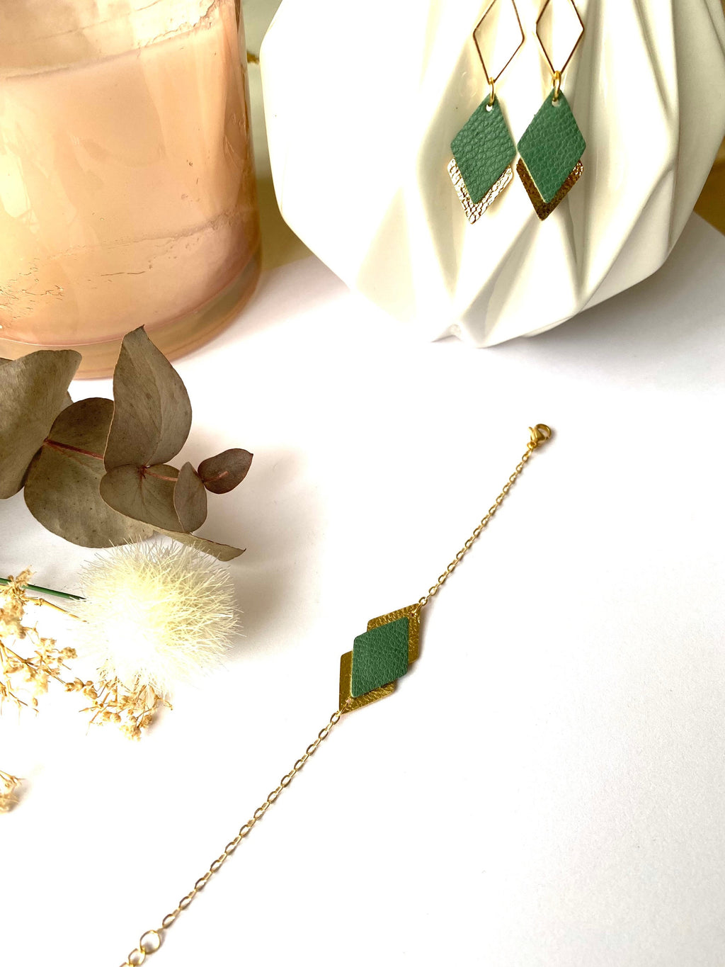 Bracelet femme vert de gris et doré en cuir