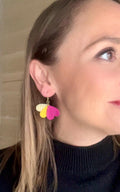 Boucles d’oreilles cœurs violet jaune et or en cuir upcyclé, bijoux artisanaux légers faits main boucles pendantes femme, cadeau original