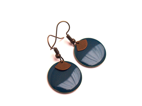 Boucles d'oreilles bleu canard et bronze sequin émaillé rond et pendentif éventail  - cadeau de noël pour femme