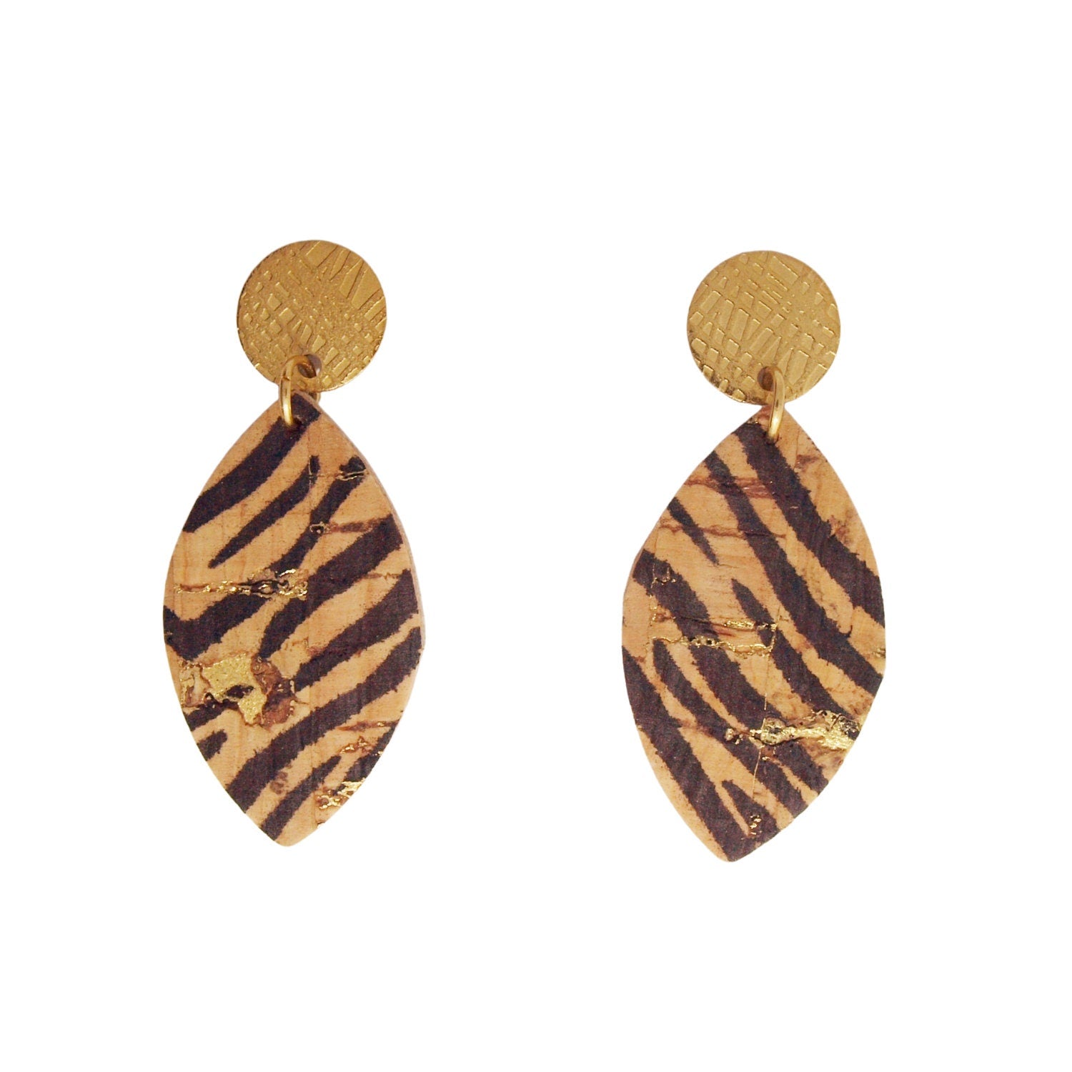 Boucles d'oreilles motif zébré noir et or en liège, cuir et acier forme feuille LOAN