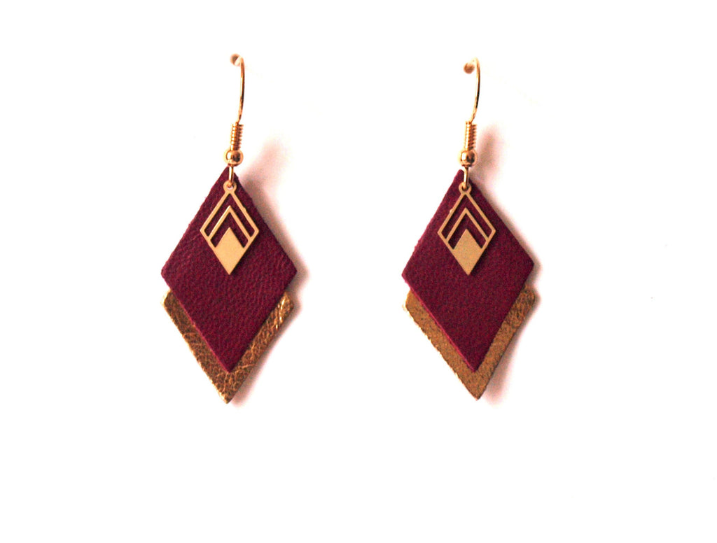 Boucles d'oreilles cuir bordeaux, prune et doré, boucles d'oreilles graphiques losanges - modèle LYA - cadeau de noël pour femme pour elle
