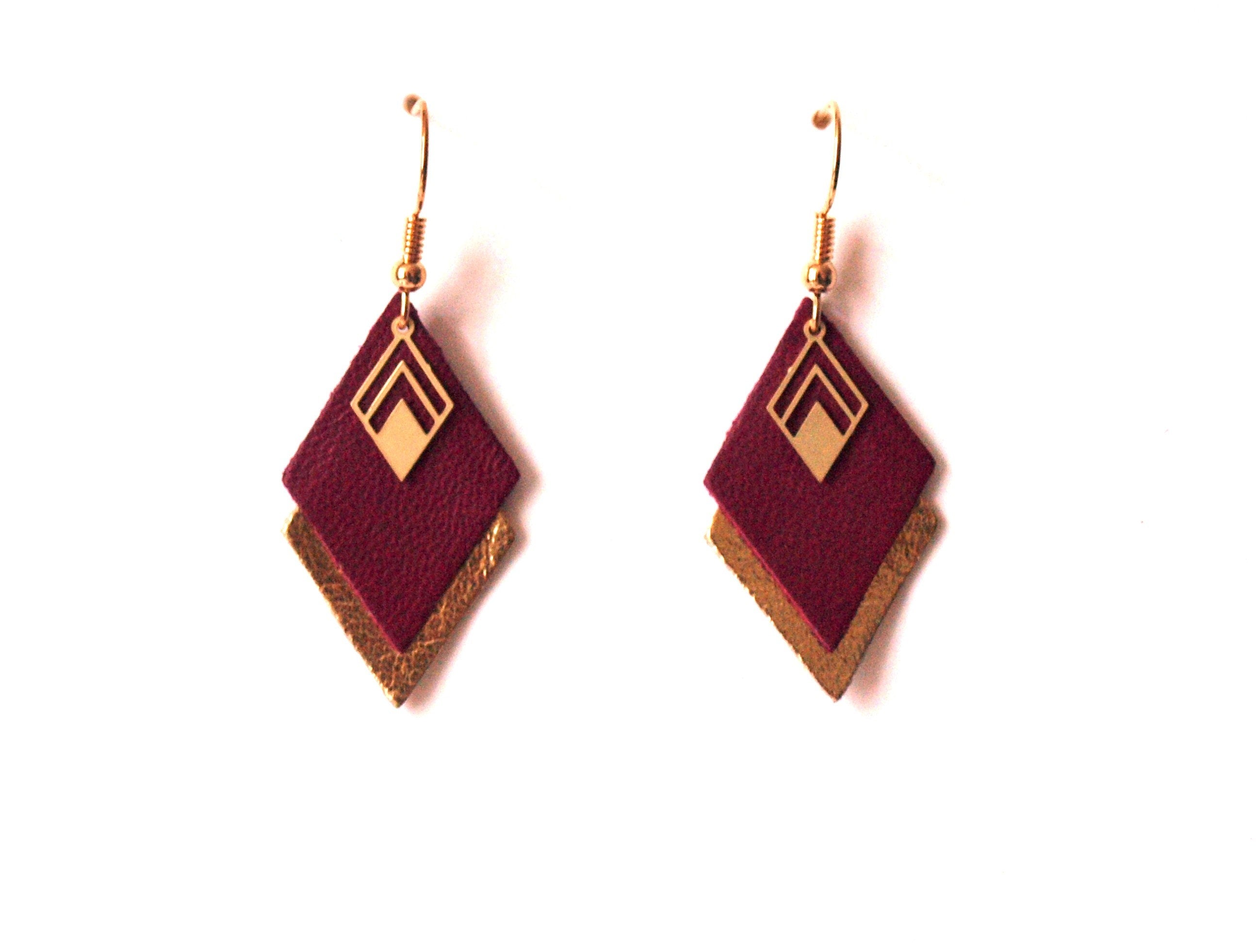 Boucles d'oreilles cuir bordeaux, prune et doré, boucles d'oreilles graphiques losanges - modèle LYA - cadeau de noël pour femme pour elle