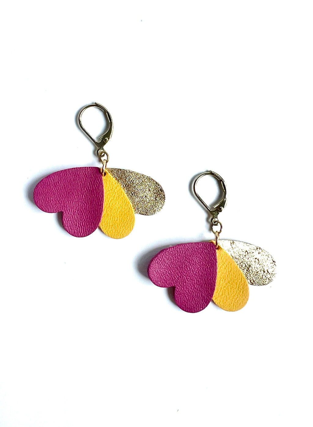 Boucles d’oreilles cœurs violet jaune et or en cuir upcyclé, bijoux artisanaux légers faits main boucles pendantes femme, cadeau original