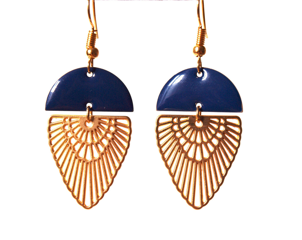 Boucles d'oreilles bleu et or art déco plaqué or mat et sequin émaillé demi cercle - cadeau femme