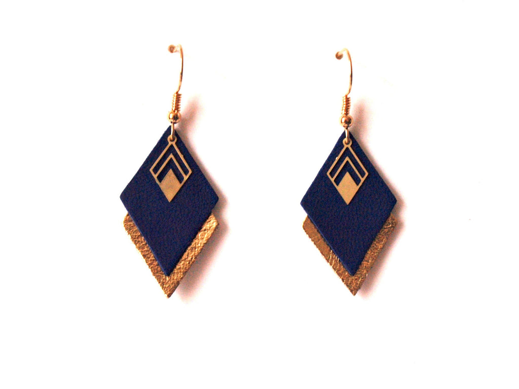 Boucles d'oreilles cuir bleu et or, boucles d'oreilles graphiques losanges bleu roi et doré - modèle LYA - cadeau noël pour femme pour elle