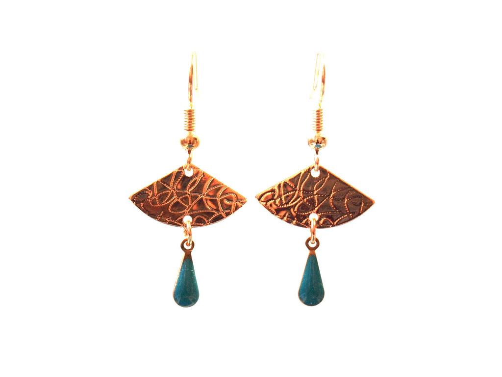 Boucles d'oreilles éventail vert turquoise et or - petites boucles d'oreilles discrètes dorées - modèle EVA
