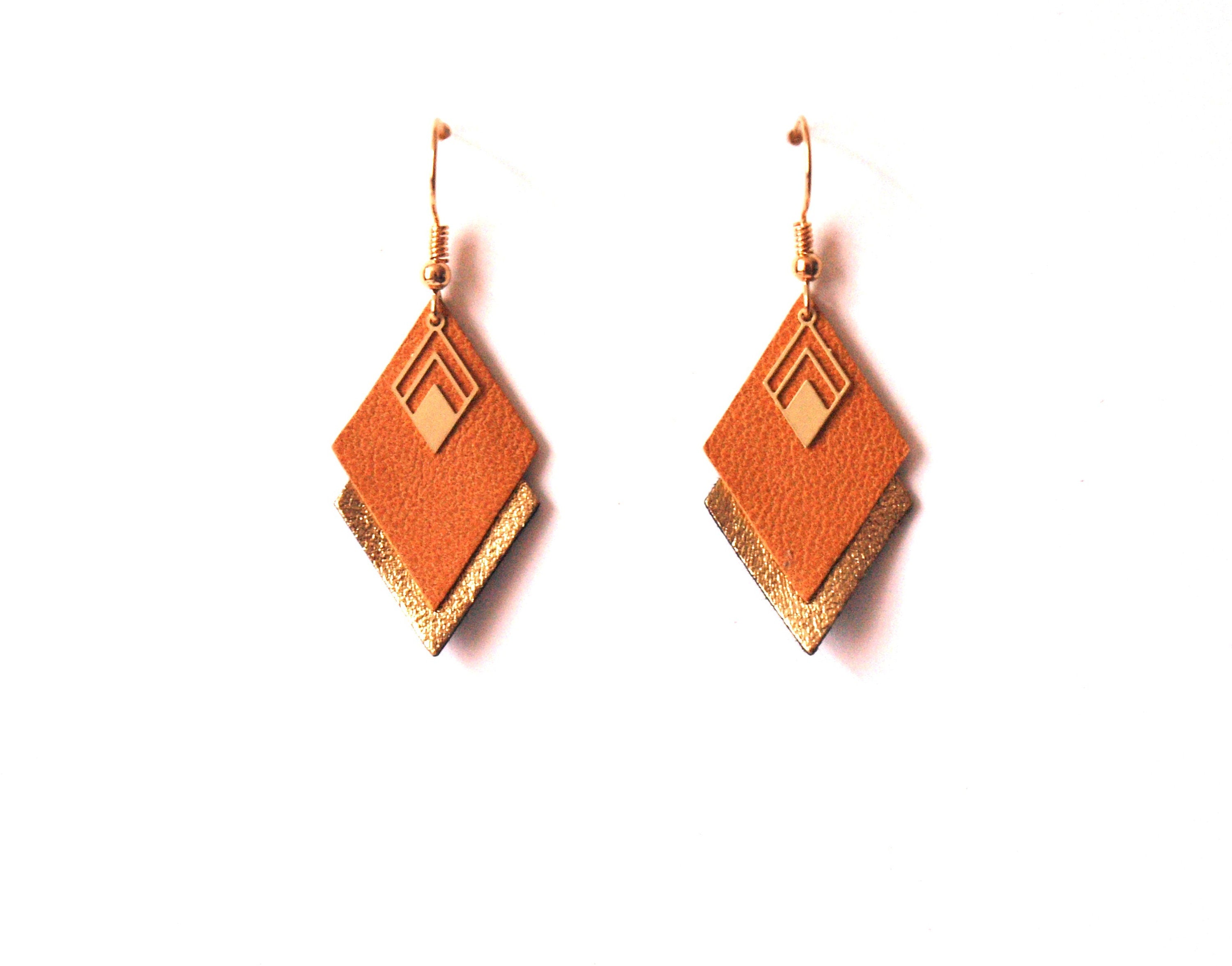 Boucles d'oreilles cuir jaune vintage et or, boucles d'oreilles graphiques losanges - modèle LYA - cadeau de noël pour femme pour elle