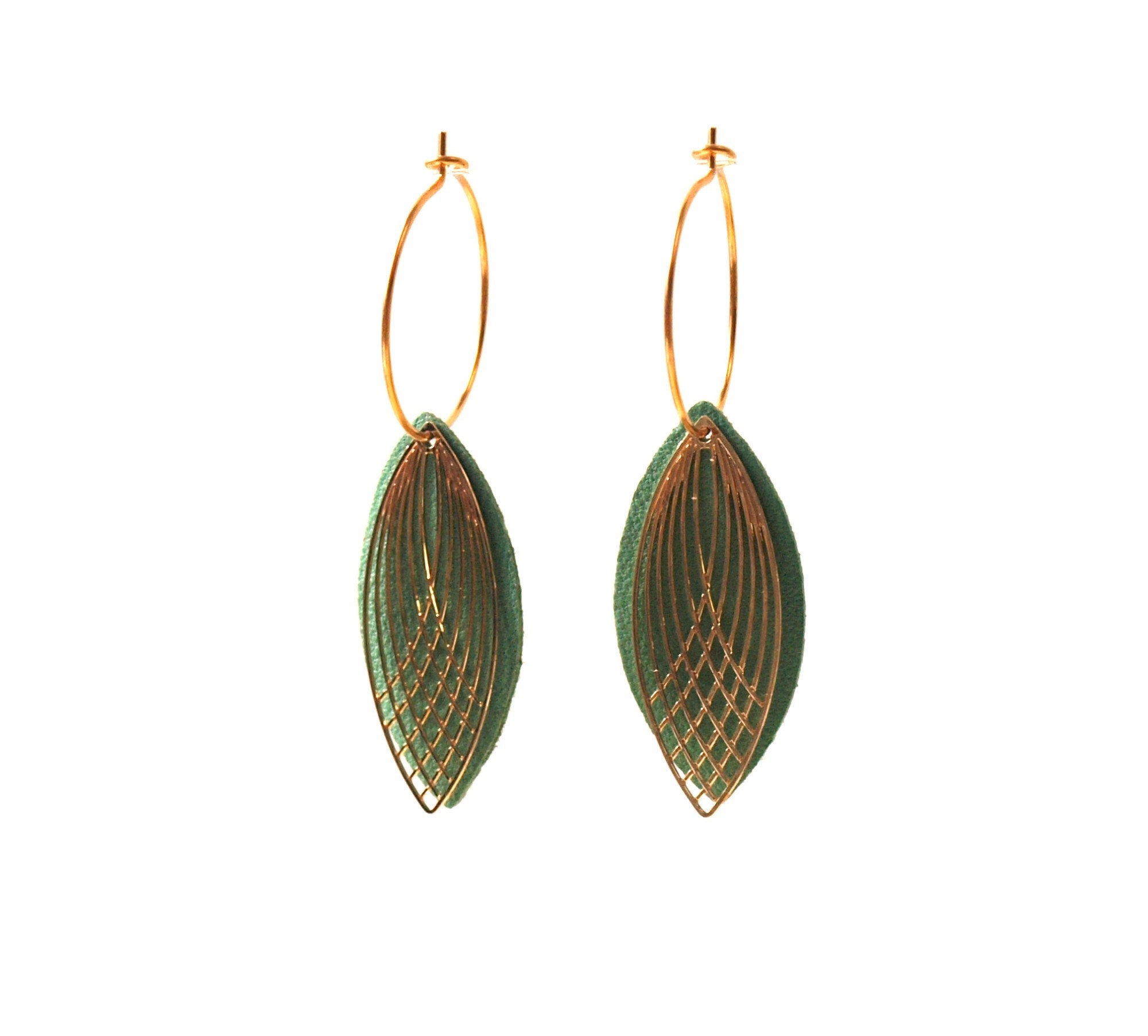 Boucles d'oreilles vert clair - créoles en acier inoxydable et cuir - créoles style art déco - modèle SIENNA