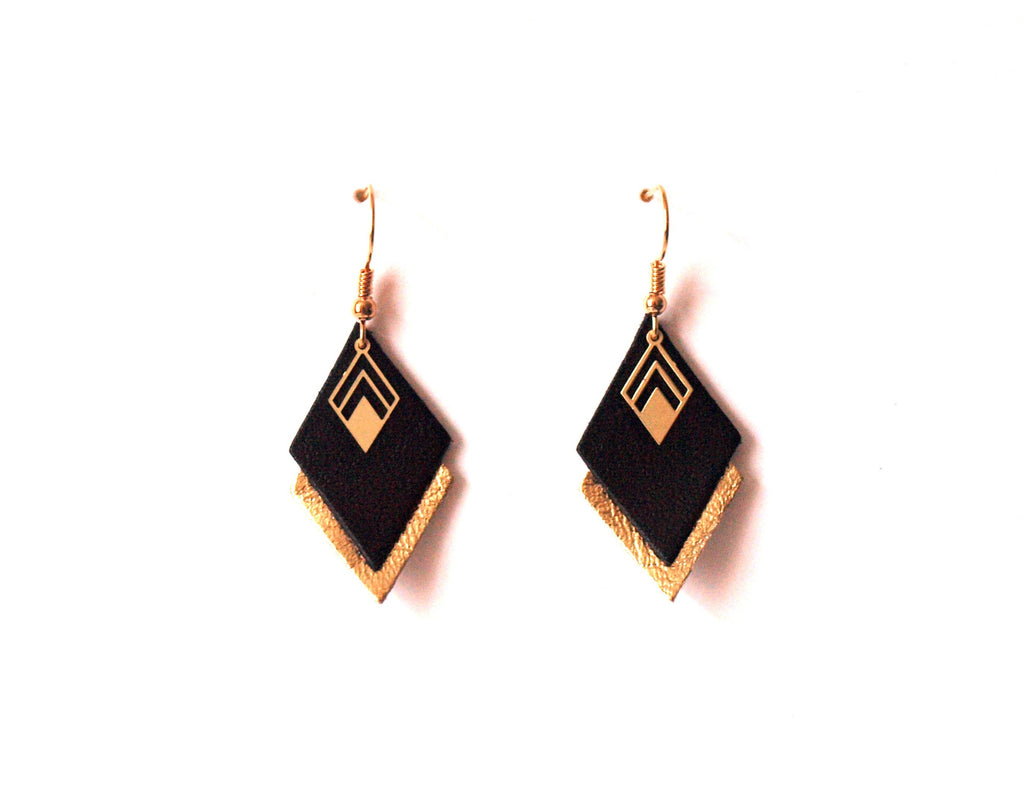 Boucles d'oreilles cuir noir et or, boucles d'oreilles graphiques losanges - modèle LYA - cadeau de noël pour femme pour elle