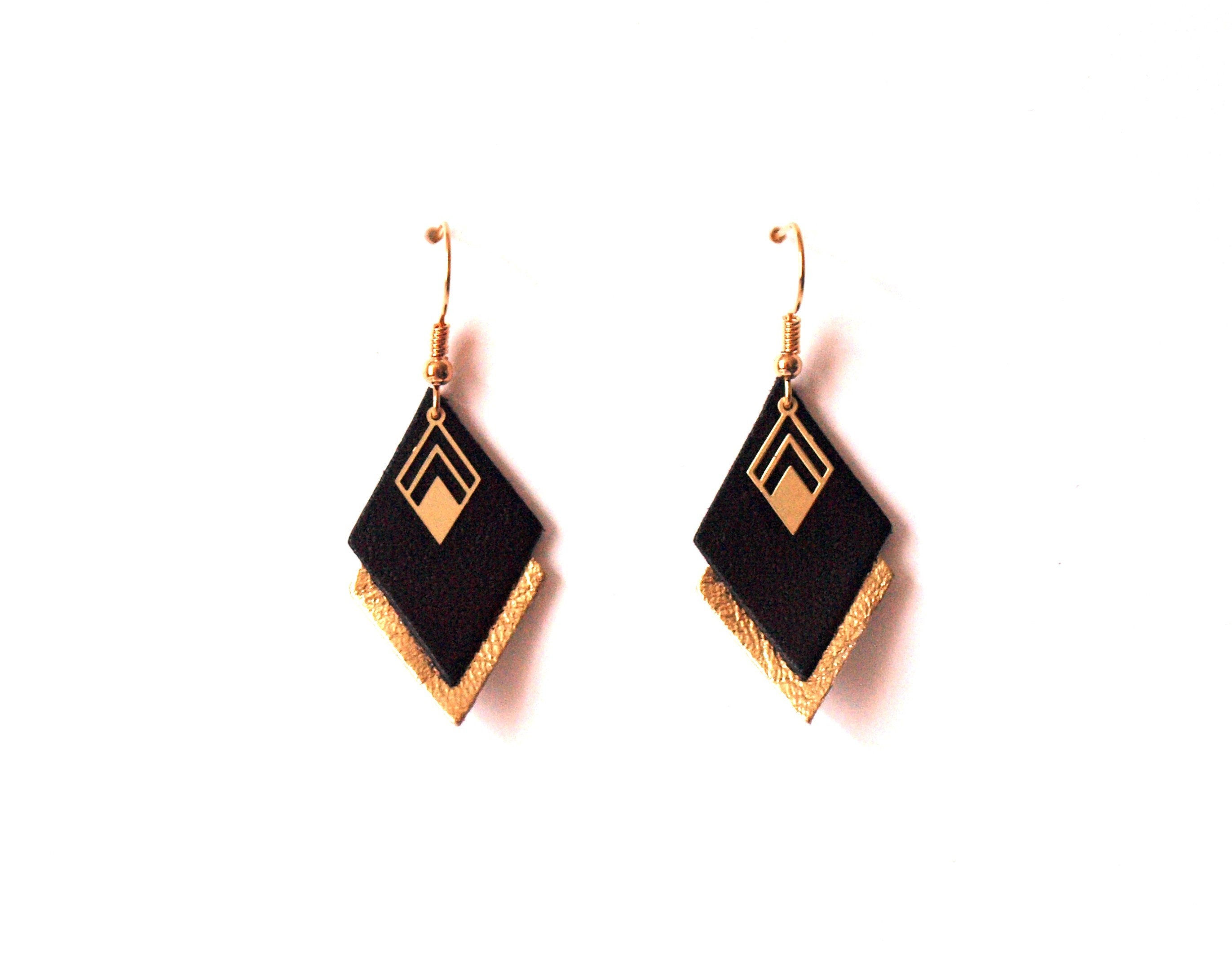 Boucles d'oreilles cuir noir et or, boucles d'oreilles graphiques losanges - modèle LYA - cadeau de noël pour femme pour elle